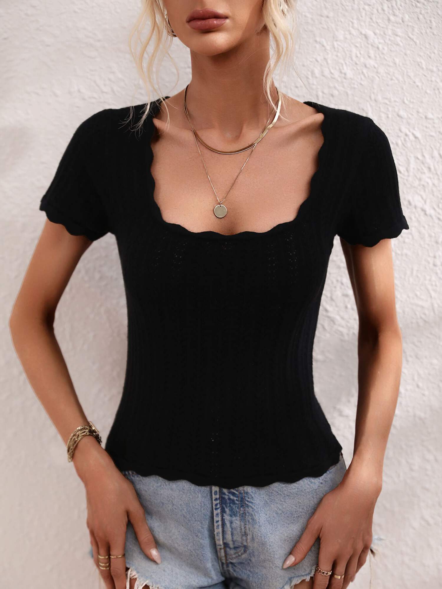 Scalloped Hem Square Neck Knit Top - Walmart.com