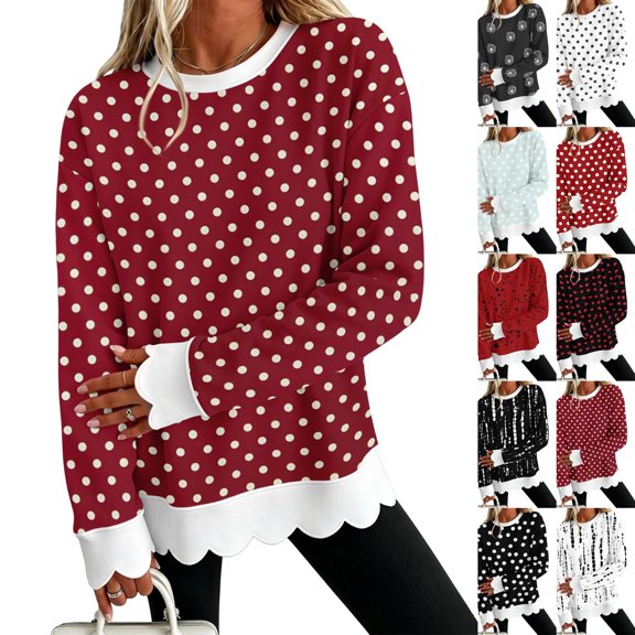 Scalloped Hem Sweatshirt Women’s Long Sleeve Sweatshirt Casual Round Neck Printed Loose Pullover Top Wine XL