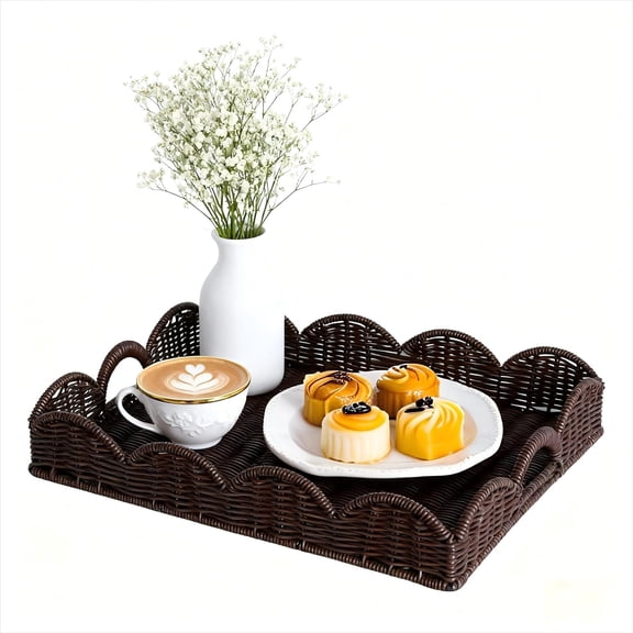 Scalloped Imitation Rattan Tray Basket,17"*13" Super Hard Rectangle Hand Woven Wicker Serving Trays with Handles, Seagrass Decoratve Trays for Coffee Table (Plastic-Dark Brown)