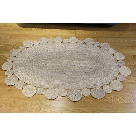 Scalloped Indian Hand Woven Jute Rug, Handmade Traditional Braided Decorative Mat Floor Doorway Mat Various Sizes