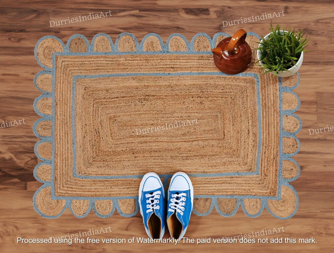 Scalloped Jute Rug, Light Blue Jute Scallop Boho Decor Handmade Rug