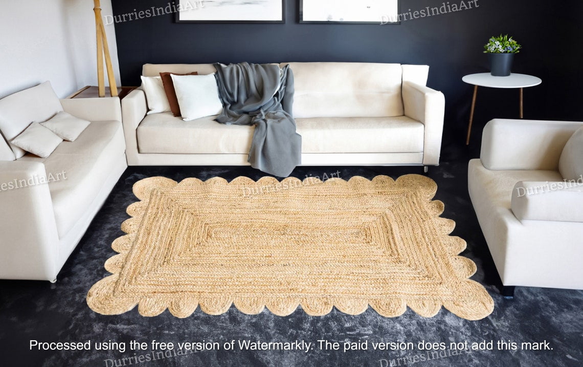 Scalloped Jute Rug, Natural Scallop Rug, Scalloped Edge Rug, Jute Area