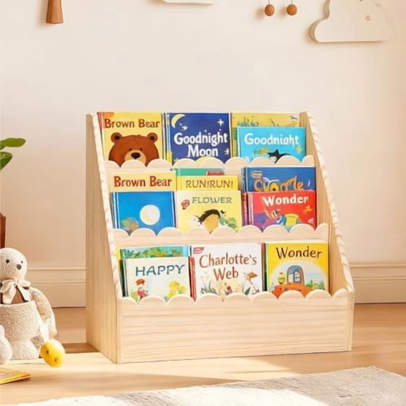 Scalloped Kids Book Shelf, Montessori 3-Tier Wooden Toddler Bookshelf for Ages 15, Nursery & Kids Room Bookshelf, Safe & Sturdy Playroom Book Shelf, Natural Wood$$Home Decor, Kitchen, & Other