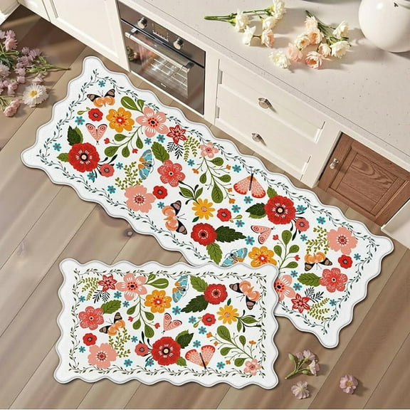 Scalloped Kitchen Mats for Floor 2PC Cushioned  Fatigue Kitchen Mats Rugs Waterproof Non Slip Farmhouse Boho Floral Comfort Foam Standing Mat for Sink Laundry, White