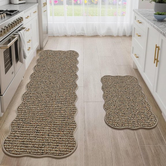 Scalloped Kitchen Rugs and Mats 2PCS, Kitchen Mats for Floor, Non-Slip Washable Kitchen Runner, Absorbent and Stain Resistant Rugs for Kitchen, Laundry & Sink, 17"x30"+17"x60", Taupe