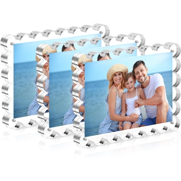 Scalloped Magnetic 5x7 Acrylic Picture Frame Set, Double-Sided Clear Photo Frame, 3 Pack Frameless Standing Desktop Display Frames