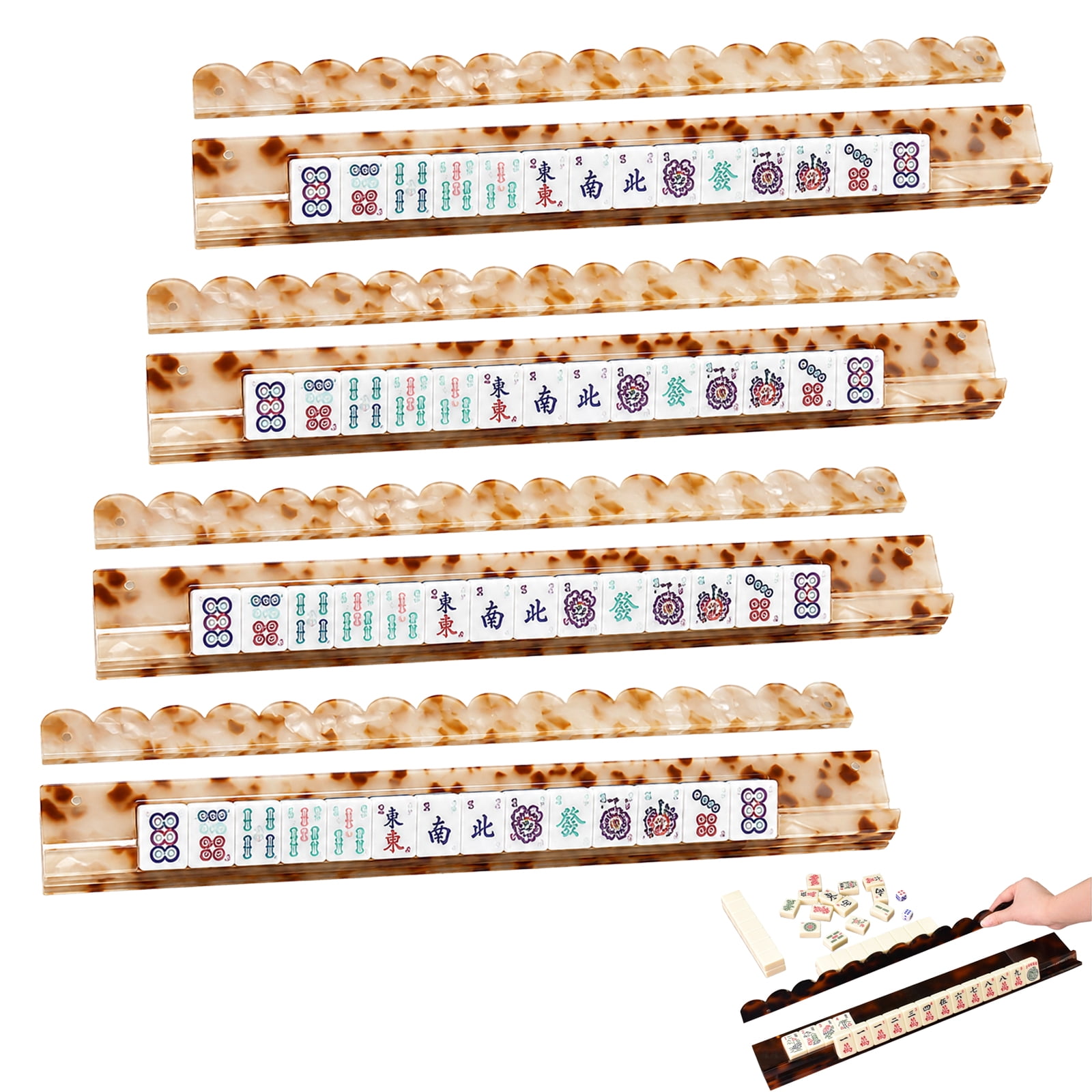 Scalloped Mahjong Racks with Magnetic Pushers, Tortoise Shell Acrylic Mahjong Tile Racks Set of 1 or 4, Non-Slip American Mahjong Racks for Game Table, 17.5"/20" Thickened Acrylic Holder