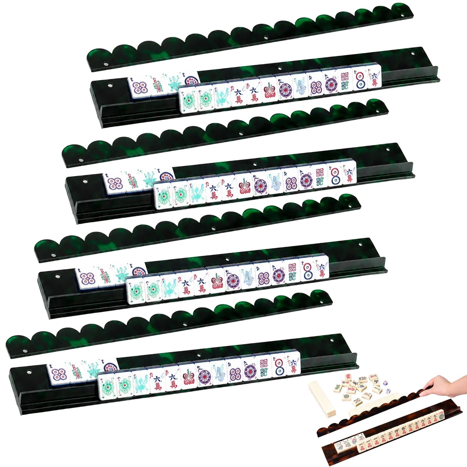 Scalloped Mahjong Racks with Magnetic Pushers, Tortoise Shell Acrylic Mahjong Tile Racks Set of 1 or 4, Non-Slip American Mahjong Racks for Game Table, 17.5"/20" Thickened Acrylic Holder