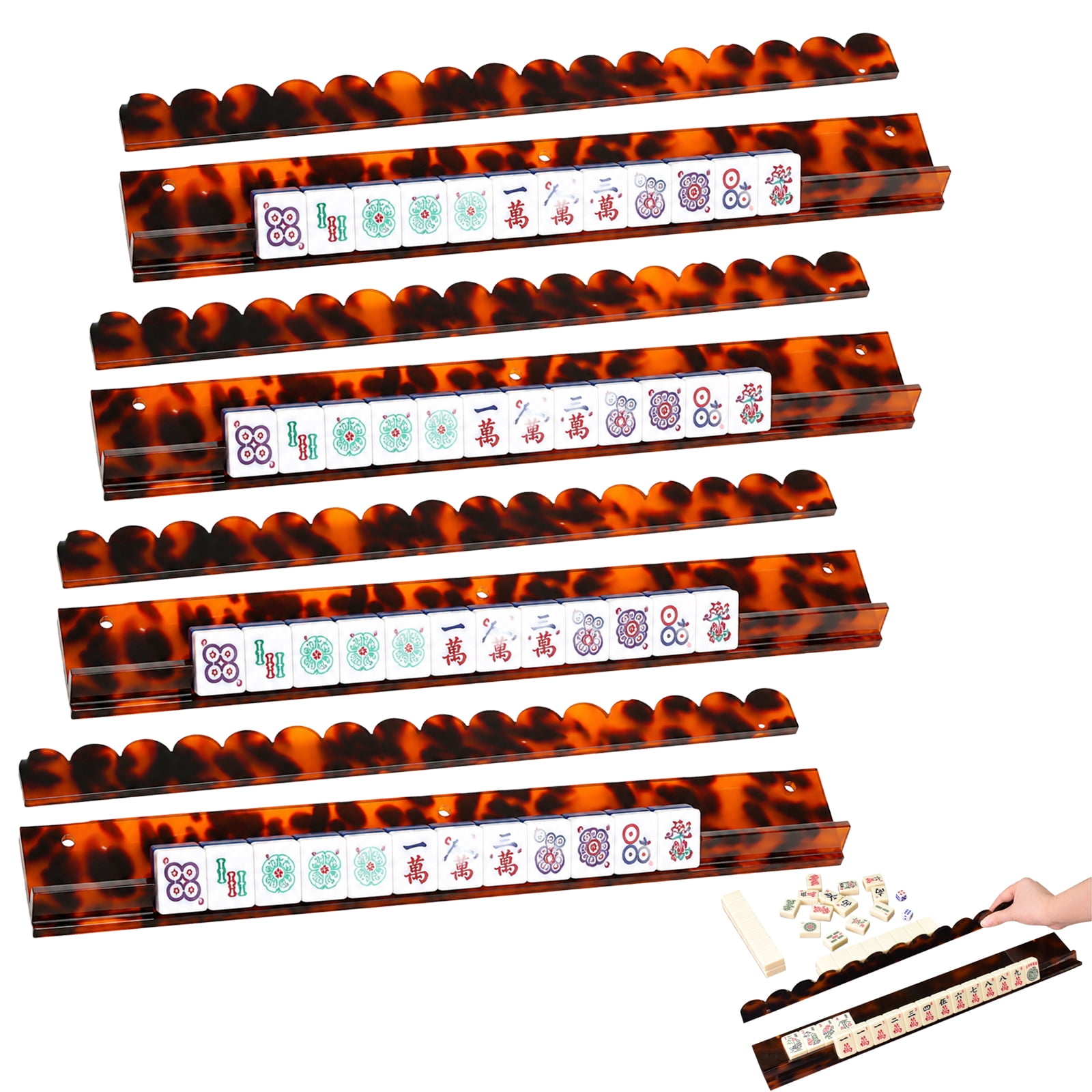 Scalloped Mahjong Racks with Magnetic Pushers, Tortoise Shell Acrylic Mahjong Tile Racks Set of 1 or 4, Non-Slip American Mahjong Racks for Game Table, 17.5"/20" Thickened Acrylic Holder