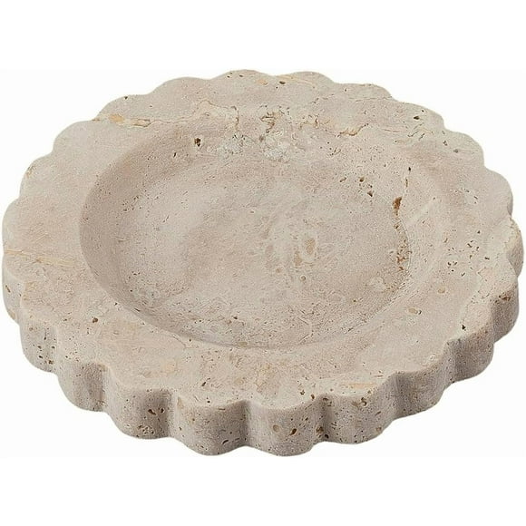 Scalloped Marble Tray Natural Travertine Tray Flat Round Handmade Marble Stone Decorative Plate Jewelry Cup Coffee Soap Storage Dish for Vanity Bathroom Study Kitchen Home Decor 5.63 Inch