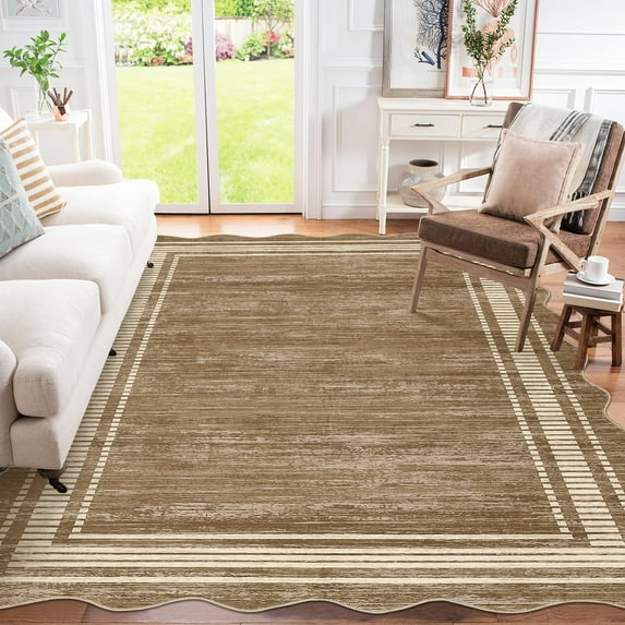 Scalloped Modern Abstract Area Rug 8x10 Washable Rug for Living Room, Non-Slip Soft Carpet for Bedroom, Scalloped Low-Pile Solid Print Accent Rug for Dining Room Home Office, Brown