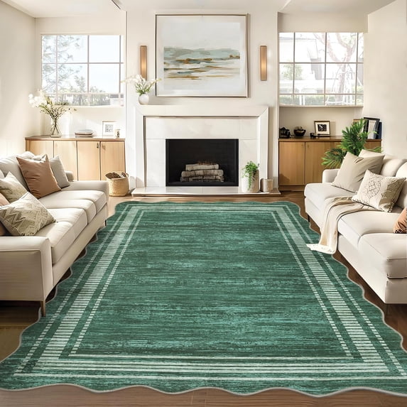 Scalloped Modern Christmas Area Rug 9x12 Large Washable Rug for Living Room, Non-Slip Soft Carpet for Bedroom, Scalloped Low-Pile Christmas Print Accent Rug for Dining Room Home Office, Green