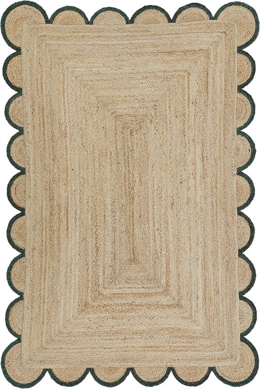 Scalloped Handwoven Natural Jute Area Rug, Green Trim, 2'x3'