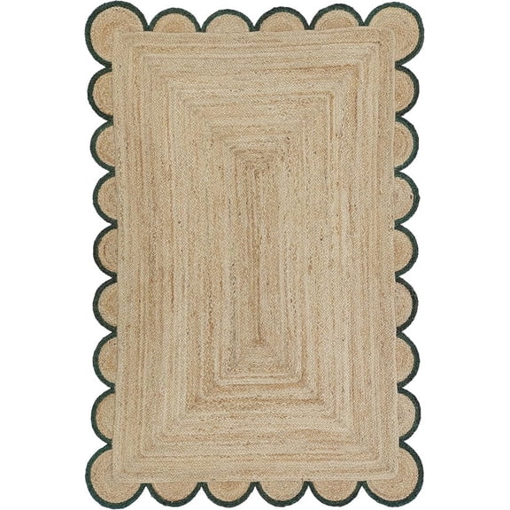 Scalloped Handwoven Natural Jute Area Rug, Green Trim, 2'x3'