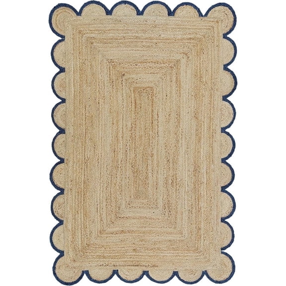 Scalloped Handwoven Natural Jute Area Rug, Navy Trim, 2'x3'