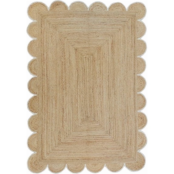 Scalloped Handwoven Natural Jute Area Rug, Off White Trim, 2'x3'