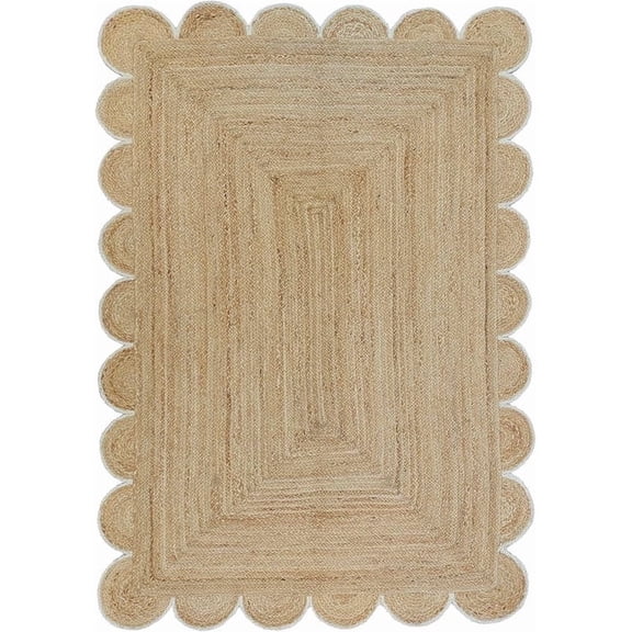Scalloped Handwoven Natural Jute Area Rug, Off White Trim, 2'x3'