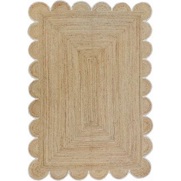 Scalloped Handwoven Natural Jute Area Rug, Off White Trim, 2'x3'