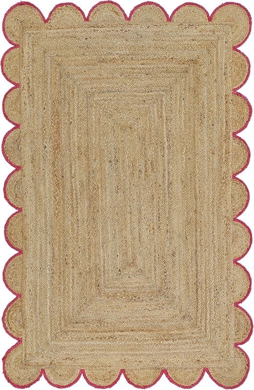 Scalloped Handwoven Natural Jute Area Rug, Pink Trim, 2'x3'
