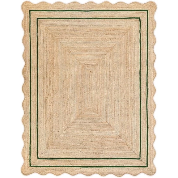 Scalloped Natural Jute Rug 2'x10 Ft – Handwoven Boho Farmhouse Area Rug, Braided Eco Friendly Entryway Rug, Natural Fiber Carpet for Living Room & Bedroom, (Green, 2'x10)