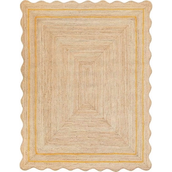 Scalloped Natural Jute Rug 2'x10 Ft – Handwoven Boho Farmhouse Area Rug, Braided Eco Friendly Entryway Rug, Natural Fiber Carpet for Living Room & Bedroom, (Yellow, 2'x10)