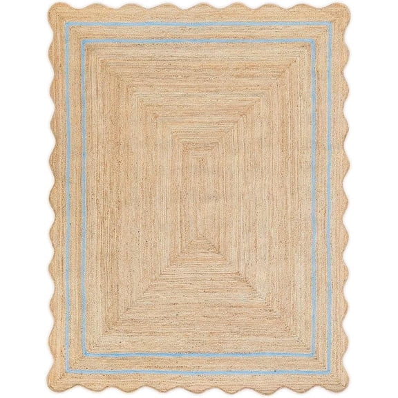 Scalloped Natural Jute Rug 2'x3' Ft – Handwoven Boho Farmhouse Area Rug, Braided Eco Friendly Entryway Rug, Natural Fiber Carpet for Living Room & Bedroom, (Sky Blue, 2'x3')