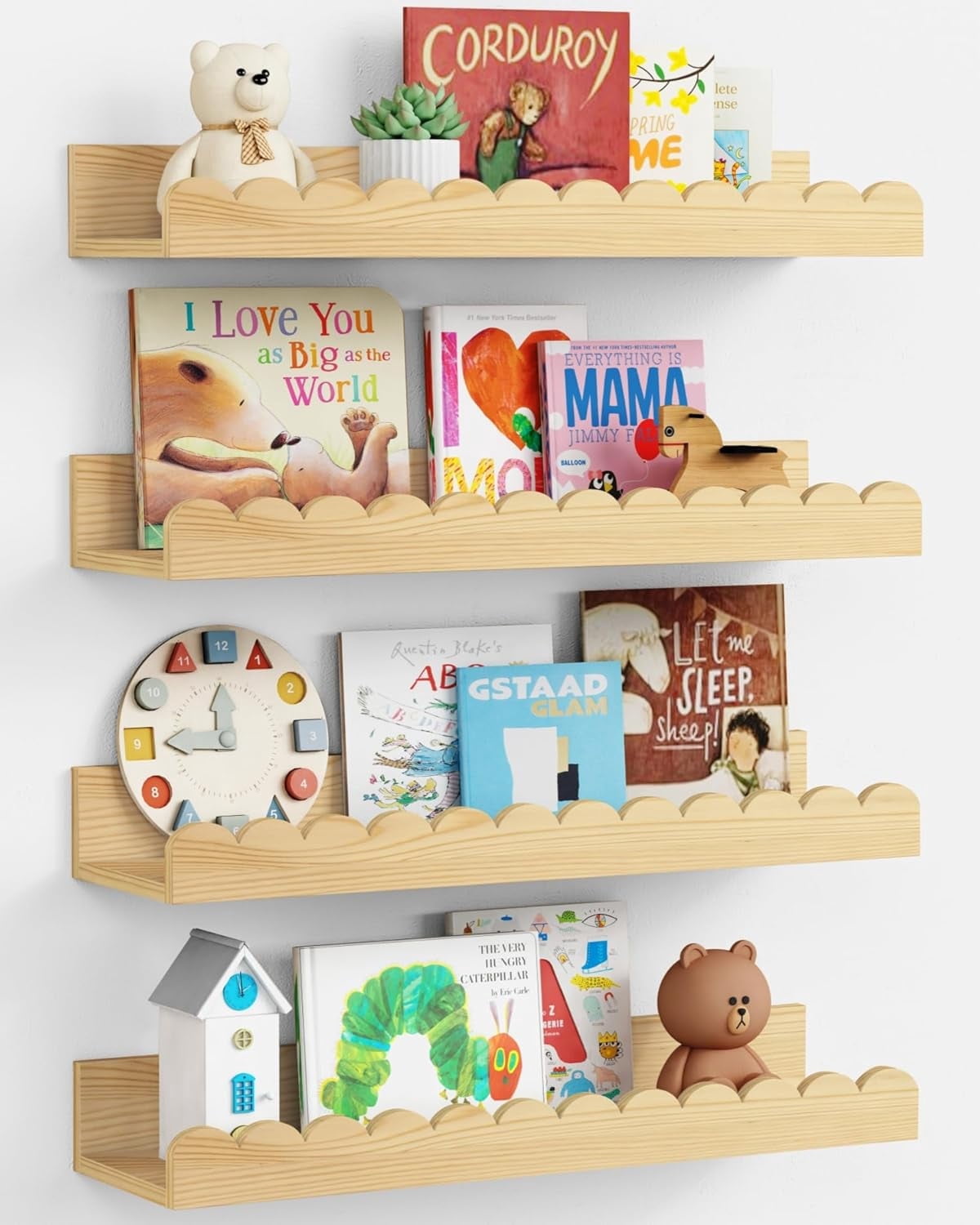 Scalloped Nursery Bookshelf Wall Mounted 4-Pack, Natural Wood Floating Book Shelves for Wall, Cloud Wall Mount Bookshelves for Kids Bedroom, Baby Children Toddler Room (Natural Pine Wood)
