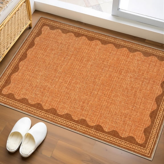 Scalloped Orange Door Mat Indoor Rugs for Entryway Small Rug 2x3 Washable Non-Slip TPE Backing Modern Minimalism Soft Low-Pile Throw Carpet for Bedroom Kitchen Bathroom