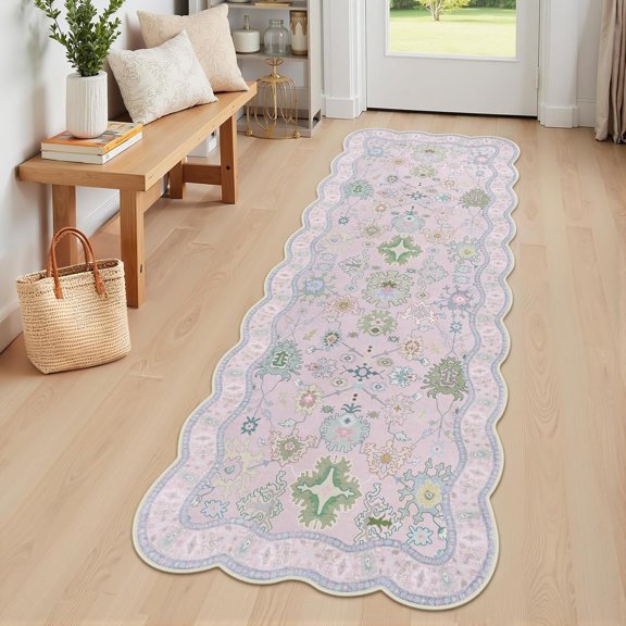 Scalloped Oushak  2x6 Runner Rug, Machine Washable Non Slip  Hallway Runner Rug, Soft Low Pile Stain Resistant Carpet for Bedroom Kitchen Bathroom