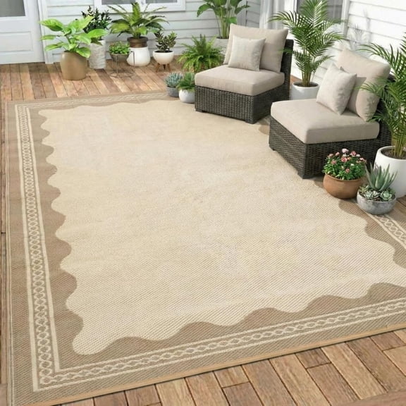 Scalloped Outdoor Patio Rug, 5 x 8 ft Non-Slip Plastic Straw Carpet Indoor Outdoor Area Mat for Outside Rv Camping Deck Pool Beach Porch Backyard (Light Brown)