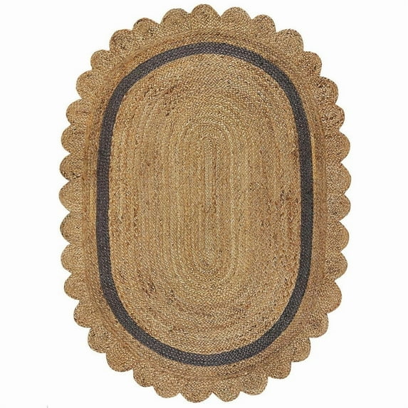 Scalloped Oval Jute Area Rug, Handwoven Farmhouse Braided Reversible Eco-Friendly Boho Rug for Living Room, Bedroom, Kitchen Border, 5 X 8 FT