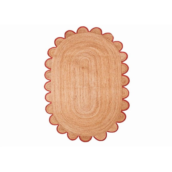Scalloped Oval Jute Rug, Handmade Rustic Farmhouse Boho Reversible Mat, Red Border, 9 X 12 FT