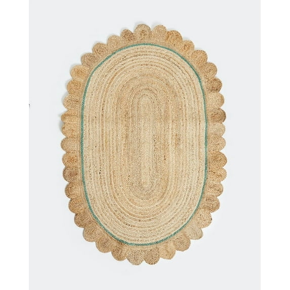 Scalloped Oval Jute Area Rug , Reversible Eco-Friendly Boho Rug for Living Room, Bedroom, Dining Room, Entryway, Kitchen, Green Border Inside, 2.6 X 12 FT