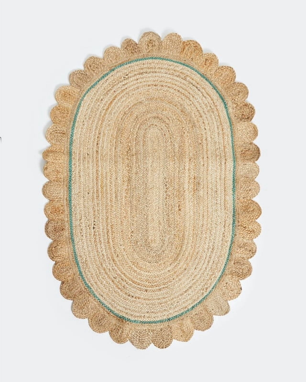 Scalloped Oval Jute Area Rug , Reversible Eco-Friendly Boho Rug for Living Room, Bedroom, Dining Room, Entryway, Kitchen, Green Border Inside, 9 X 12 FT