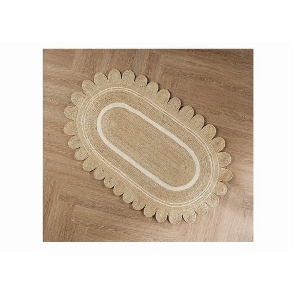 Scalloped Oval Jute Area Rug , Reversible Eco-Friendly Boho Rug for Living Room, Bedroom, Dining Room, Entryway, Kitchen, White Border Inside, 3 X 5 FT