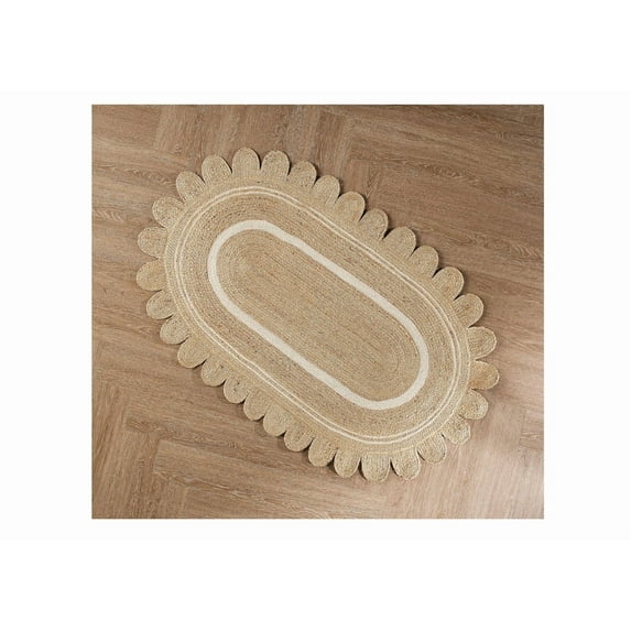 Scalloped Oval Jute Area Rug , Reversible Eco-Friendly Boho Rug for Living Room, Bedroom, Dining Room, Entryway, Kitchen, White Border Inside, 9 X 12 FT