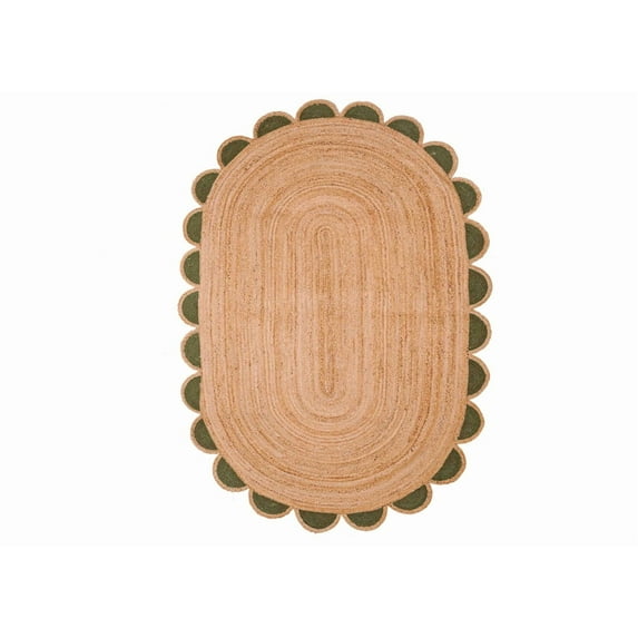 Scalloped Oval Jute Area Rug , Reversible Eco-Friendly Boho Rug for Living Room, Bedroom, Dining Room, Entryway, Kitchen, Emrald Green, 6 X 9 FT