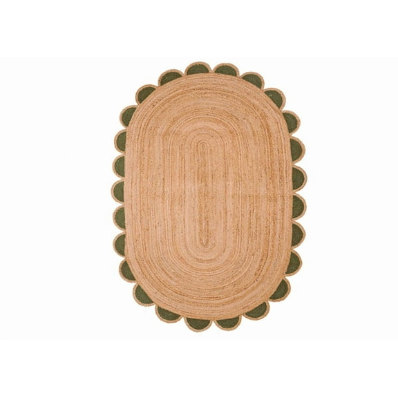 Scalloped Oval Jute Area Rug , Reversible Eco-Friendly Boho Rug for Living Room, Bedroom, Dining Room, Entryway, Kitchen, Emrald Green, 8 X 10 FT