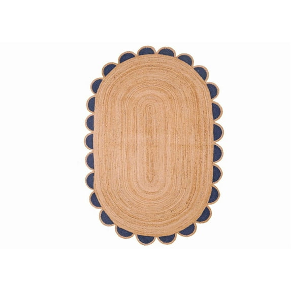 Scalloped Oval Jute Area Rug , Reversible Eco-Friendly Boho Rug for Living Room, Bedroom, Dining Room, Entryway, Kitchen, Navy Blue, 2.6 X 10 FT