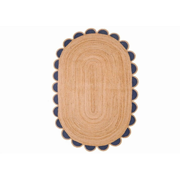 Scalloped Oval Jute Area Rug , Reversible Eco-Friendly Boho Rug for Living Room, Bedroom, Dining Room, Entryway, Kitchen, Navy Blue, 2.6 X 14 FT