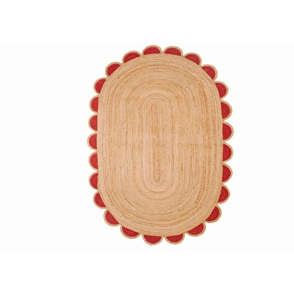 Scalloped Oval Jute Area Rug , Reversible Eco-Friendly Boho Rug for Living Room, Bedroom, Dining Room, Entryway, Kitchen, Red, 10 X 14 FT
