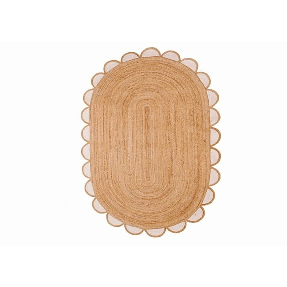 Scalloped Oval Jute Area Rug , Reversible Eco-Friendly Boho Rug for Living Room, Bedroom, Dining Room, Entryway, Kitchen, White, 10 X 14 FT