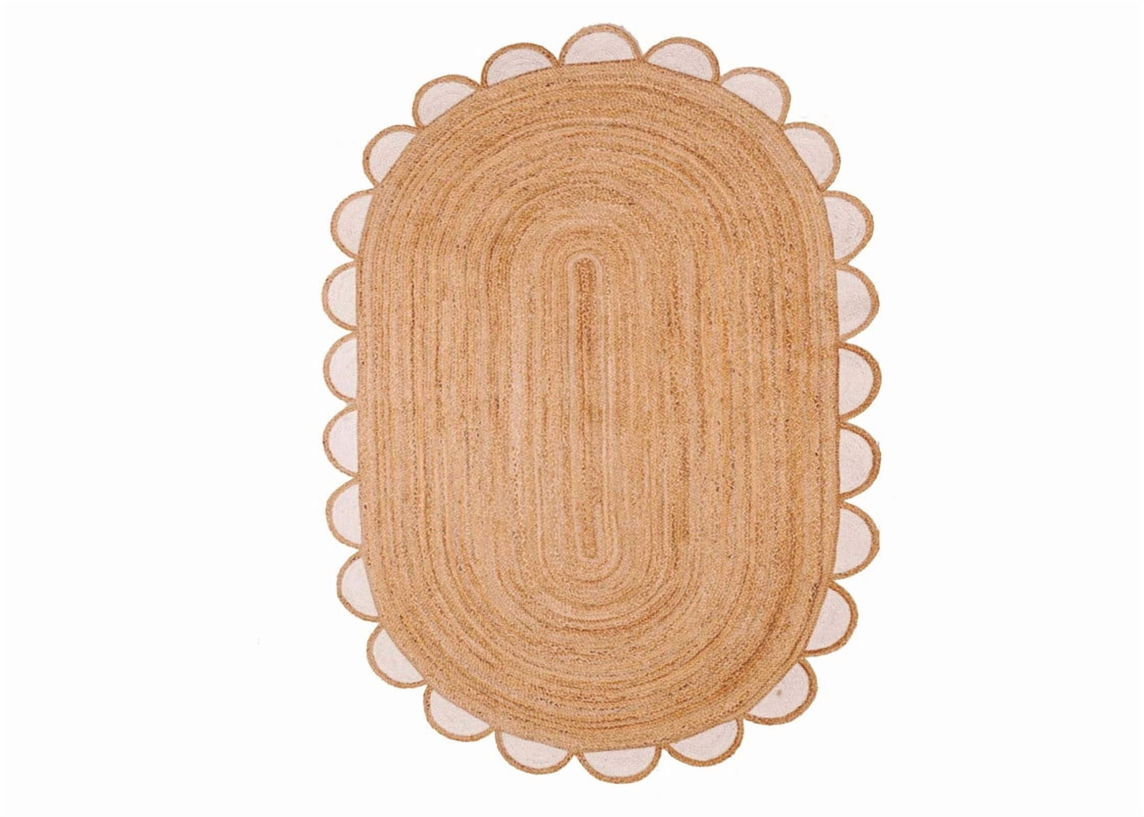 Scalloped Oval Jute Area Rug , Reversible Eco-Friendly Boho Rug for Living Room, Bedroom, Dining Room, Entryway, Kitchen, White, 5 X 7 FT