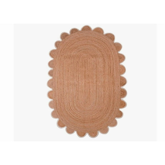 Scalloped Oval Jute Area Rug , Reversible Eco-Friendly Boho Rug for Living Room, Bedroom, Dining Room, Entryway, Kitchen, White Edge, 2.6 X 10 FT