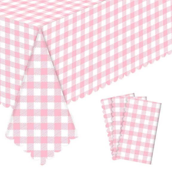 3 Piece Pink Plaid Tablecloths, 54x108 Inch Disposable Scalloped Edge Waterproof Table Cover, Gingham Checkered for Birthday Barbecue Picnic Party Decoration