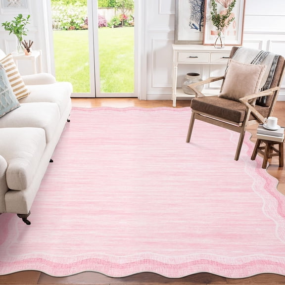Scalloped Pink Rug 5x7ft Modern Solid Living Room Carpet, Non-Slip Contemporary Rug for Girls, Machine Washable Low Pile Indoor Rugs for Entryway,Playroom,Dorm,Office, Pink