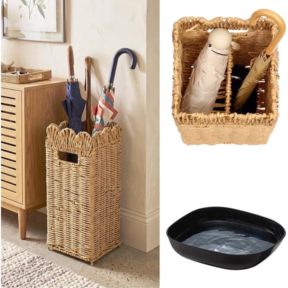 Scalloped Rattan Umbrella Stand with Shelf Handle Drip Tray | Woven Umbrella Holder Rack, Farmhouse Decor Rack for Entryway & Outdoor Porch