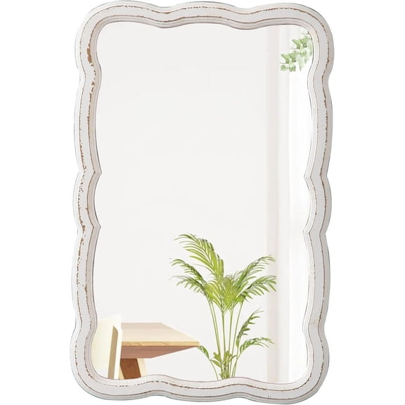 Scalloped Rectangle Wall Mirror 16 X 24 Inch, Hanging Distressed Wooden Rustic Bathroom Mirror, Vintage Wavy Mirror Above Dresser, Farmhouse White Wall Mirrors for Living Room