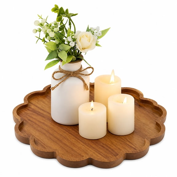 Scalloped Round Pine Wood Decorative Serving Tray Versatile Home Decor