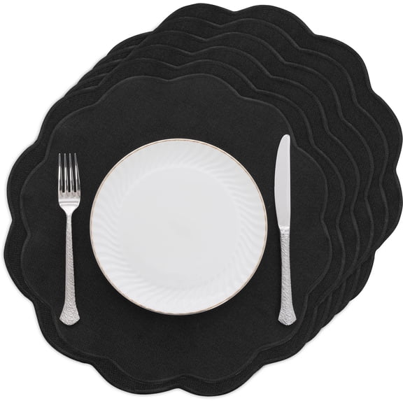 Scalloped Round Placemats Set of 6 Polyester Linen Blend Washable Non Slip Place Mats Easy Clean Heat Resistant Table Mats for Kitchen Dining Table Decor